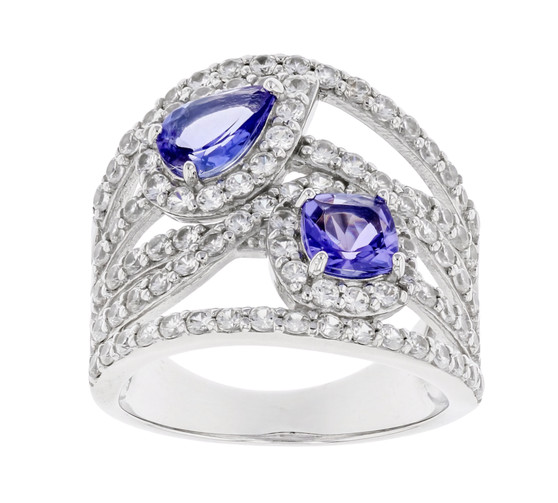 tanzanite and white zircon ring in rhodium over sterling silver