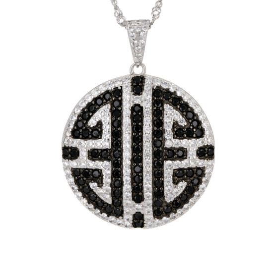 black spinel and white zircon prosperity symbol pendant necklace in black and white rhodium over sterling silver