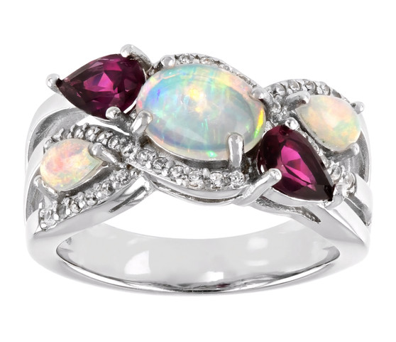 ethiopian opal rhodolite garnet and zircon ring in rhodium over sterling silver