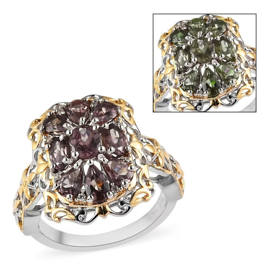 color change garnet and zircon cluster two-tone yellow gold and rhodium over sterling silver ring