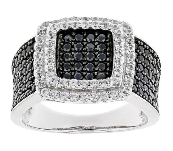 black spinel and zircon cluster ring in black and white rhodium over sterling silver