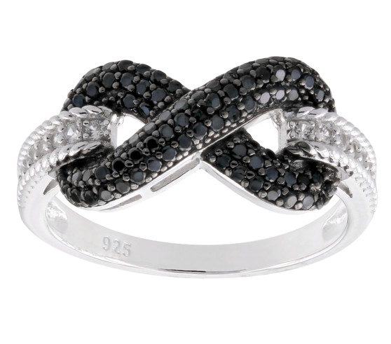 black spinel and white zircon infinity ring in black and white rhodium over sterling silver
