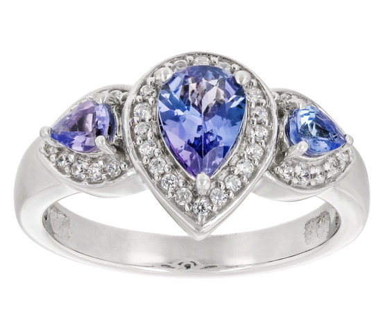 tanzanite and zircon halo three stone ring in rhodium over sterling silver