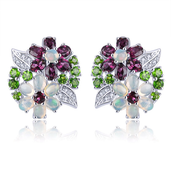 rhodolite garnet opal and chrome diopside floral cluster earrings in rhodium over sterling silver