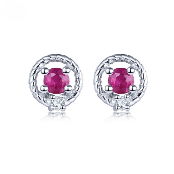 ruby and white zircon stud earrings in rhodium over sterling silver