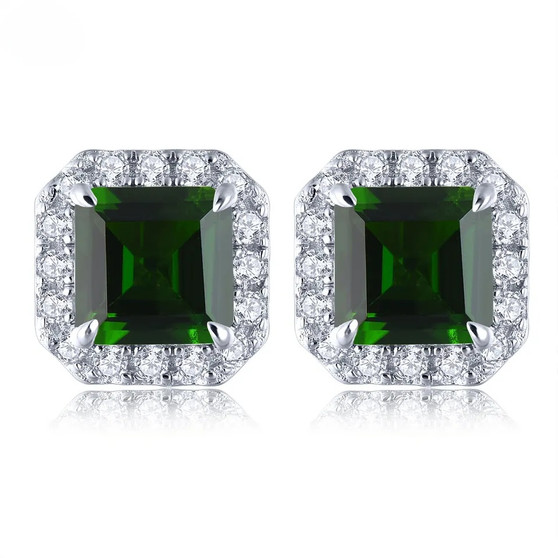chrome diopside and white zircon halo stud earrings in rhodium over sterling silver