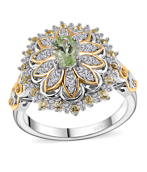 mint tsavorite garnet and white zircon two-tone ring in 18k yellow gold and rhodium over sterling silver