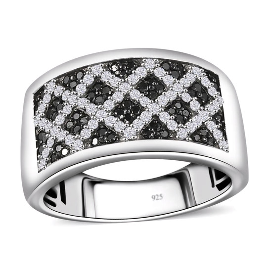 front view of black and white diamond cluster band ring in black and white rhodium over sterling silver