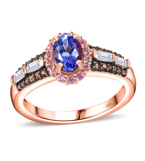 tanzanite and pink sapphire white and brown zircon ring in 18k rose gold over sterling silver