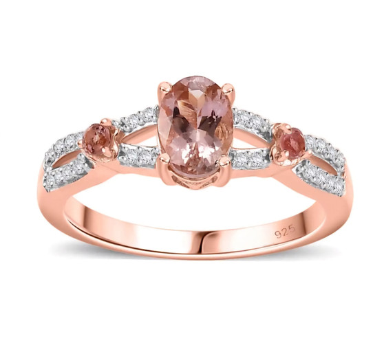 pink tourmaline and moissanite ring in 18k rose gold and rhodium over sterling silver