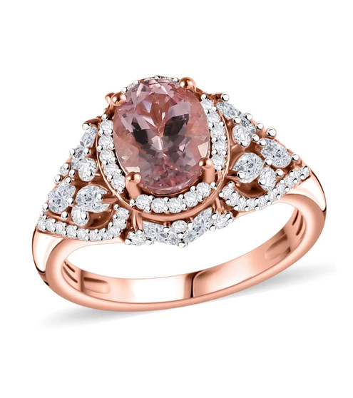morganite and moissanite ring in rhodium and 18k rose gold over sterling silver