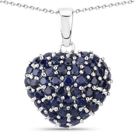 blue sapphire cluster puff heart pendant necklace in rhodium over sterling silver