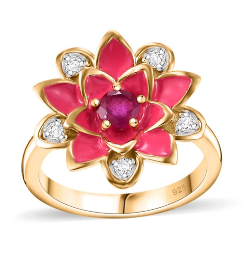 ruby (ff) and white zircon enamel flower ring in 18k yellow gold over sterling silver