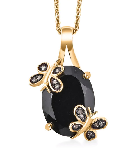 black spinel and champagne diamond butterfly pendant necklace in 18k yellow gold over sterling silver