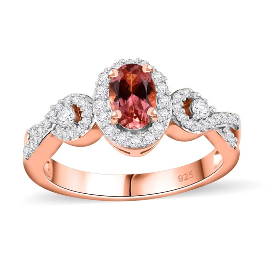 pink tourmaline and moissanite ring in 18k rose gold over sterling silver