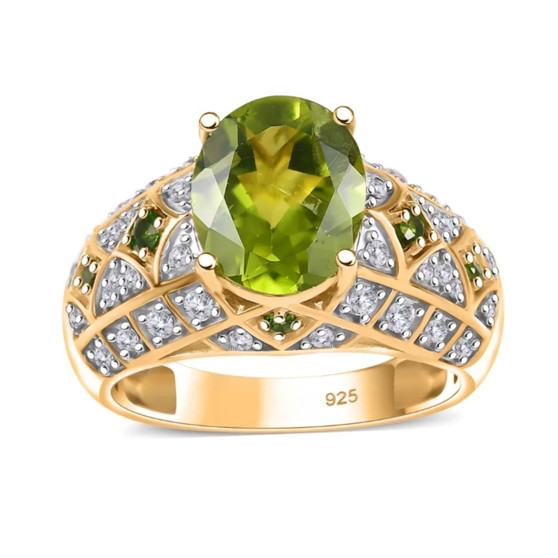 front view of peridot chrome diopside and zircon ring in 18k yellow gold over sterling silver