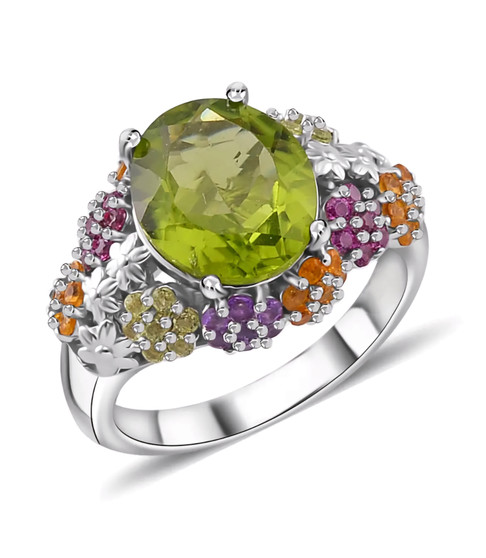 peridot multi gemstone flower ring in rhodium over sterling silver