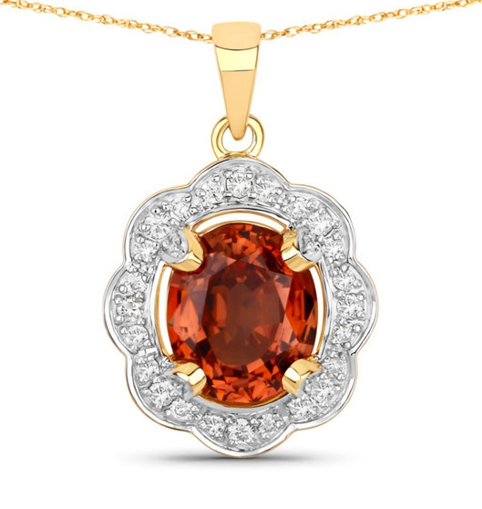 orange sapphire and diamond halo pendant necklace in solid 14k yellow gold