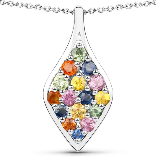 multi color sapphire cluster pendant necklace in rhodium over sterling silver