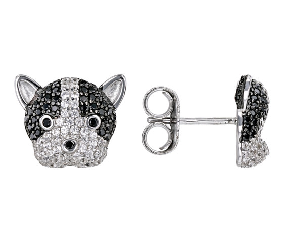 boston terrier dog stud earrings in rhodium over sterling silver