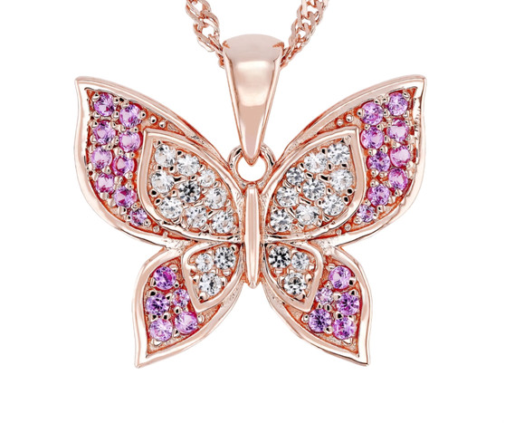 lab sapphire butterfly pendant necklace in 18k rose gold over sterling silver