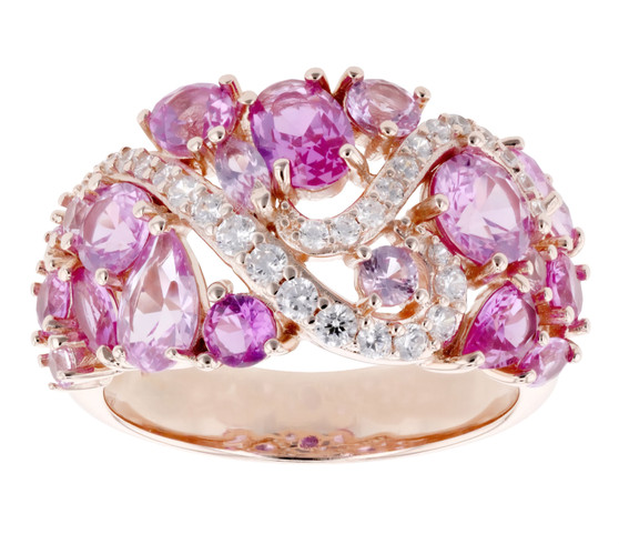 lab pink sapphire and cz cluster ring in 18k rose gold over sterling silver