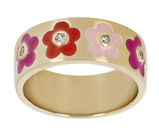 white zircon flower enamel band ring in 18k yellow gold over sterling silver