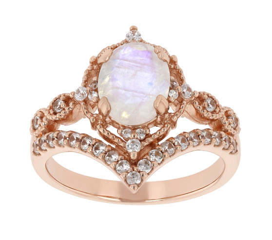 rainbow moonstone and zircon solitaire ring in 18k rose gold over sterling silver