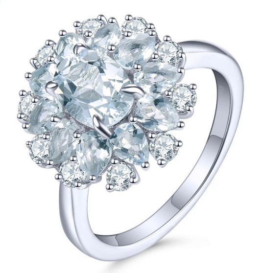 aquamarine and white zircon cluster halo ring in rhodium over sterling silver