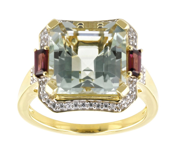 prasiolite rhodolite garnet and zircon ring in 18k yellow gold over sterling silver