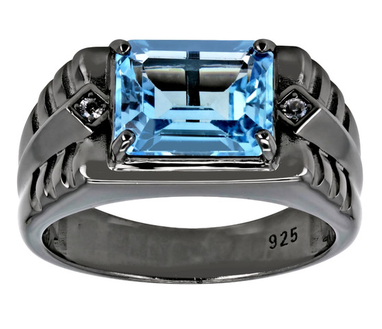 swiss blue topaz and zircon gents ring in black rhodium over sterling silver