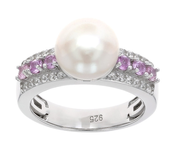 freshwater pearl pink sapphire and white zircon ring in rhodium over sterling silver front