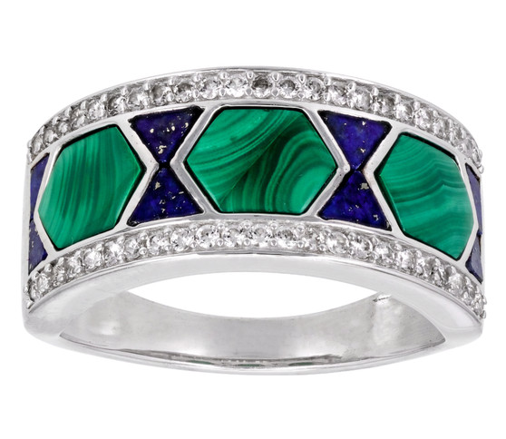 malachite lapis lazuli and white zircon band ring in rhodium over sterling silver