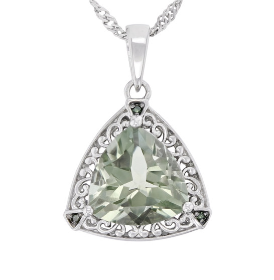 prasiolite and green diamond pendant necklace in rhodium over sterling silver