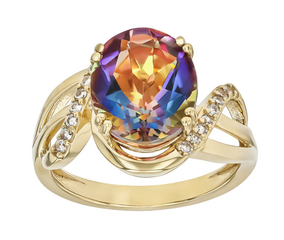 mystic quartz and white zircon ring in 18k yellow gold over sterling silver