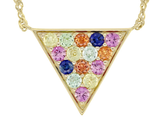 multi color lab sapphire triangle necklace in 18k yellow gold over sterling silver