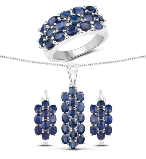 blue sapphire cluster jewelry set in rhodium over sterling silver