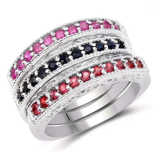 multi color sapphire three band ring set in rhodium over sterling silver