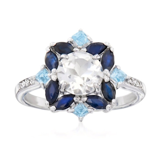 front view of white topaz sapphire and sky blue topaz cluster ring in rhodium over sterling silver