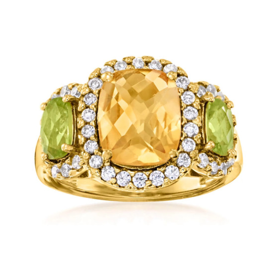 citrine peridot and zircon trilogy halo ring in 18k yellow gold over sterling silver