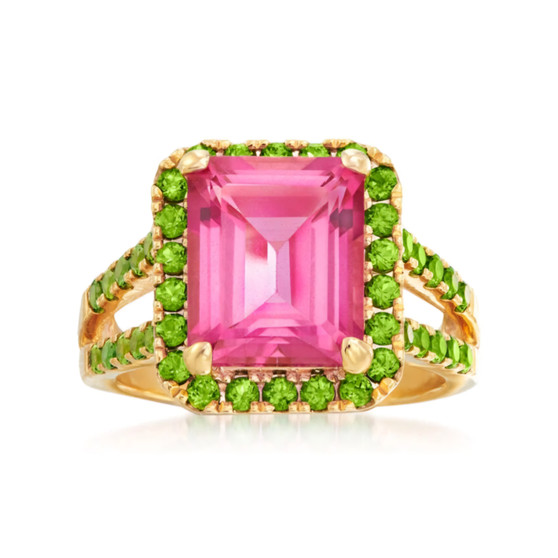 front view of pink topaz and chrome diopside halo split shank ring in 18k yellow gold over sterling silver
