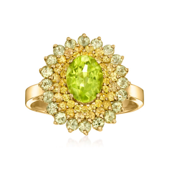 front view of peridot and yellow sapphire halo cluster ring in 14k yellow gold