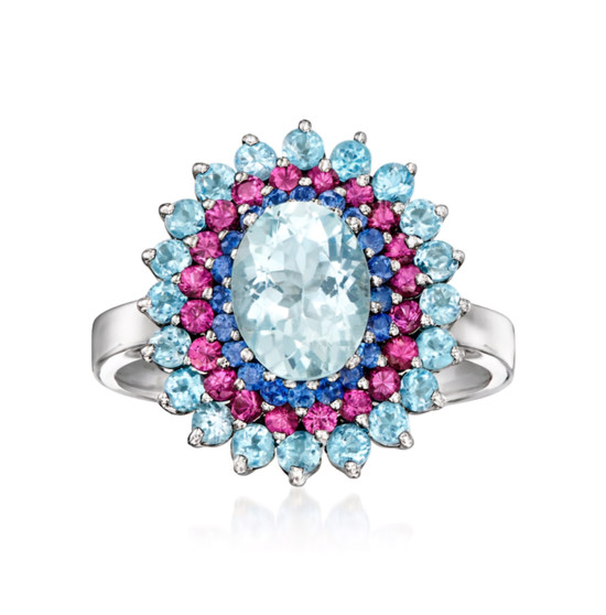 aquamarine sapphire swiss blue topaz and rhodolite garnet cluster halo ring in 14k white gold