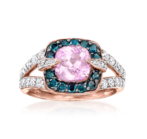 kunzite blue and white diamond ring in 14k rose gold