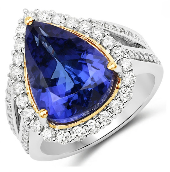 tanzanite and diamond pear halo ring in solid 18k white gold