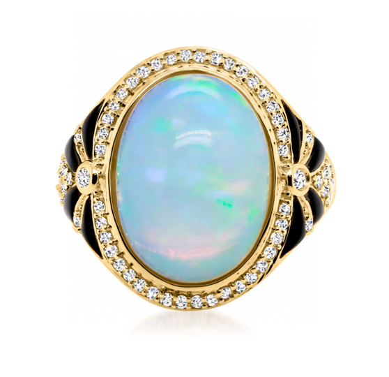 front view of ethiopian opal black onyx and diamond ring in 14k yellow gold