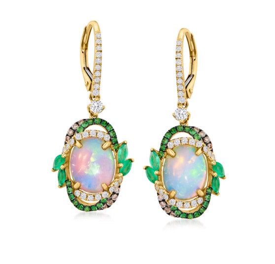 opal and multi gemstone drop earrings in 14k yellow gold front