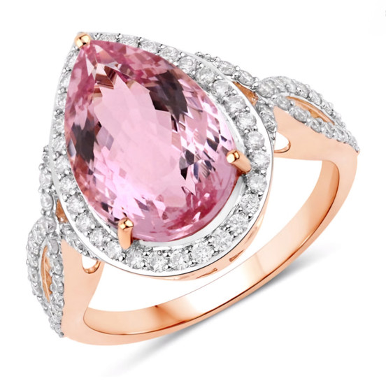 pink morganite and diamond pear halo ring in solid 14k rose gold