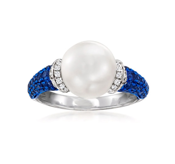white south sea pearl blue sapphire and diamond solitaire ring in 18k white gold