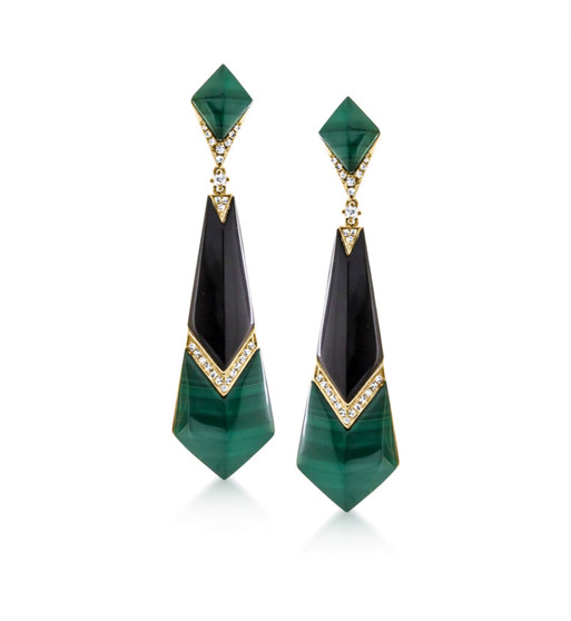malachite onyx and diamond dangle earrings in 14k yellow gold